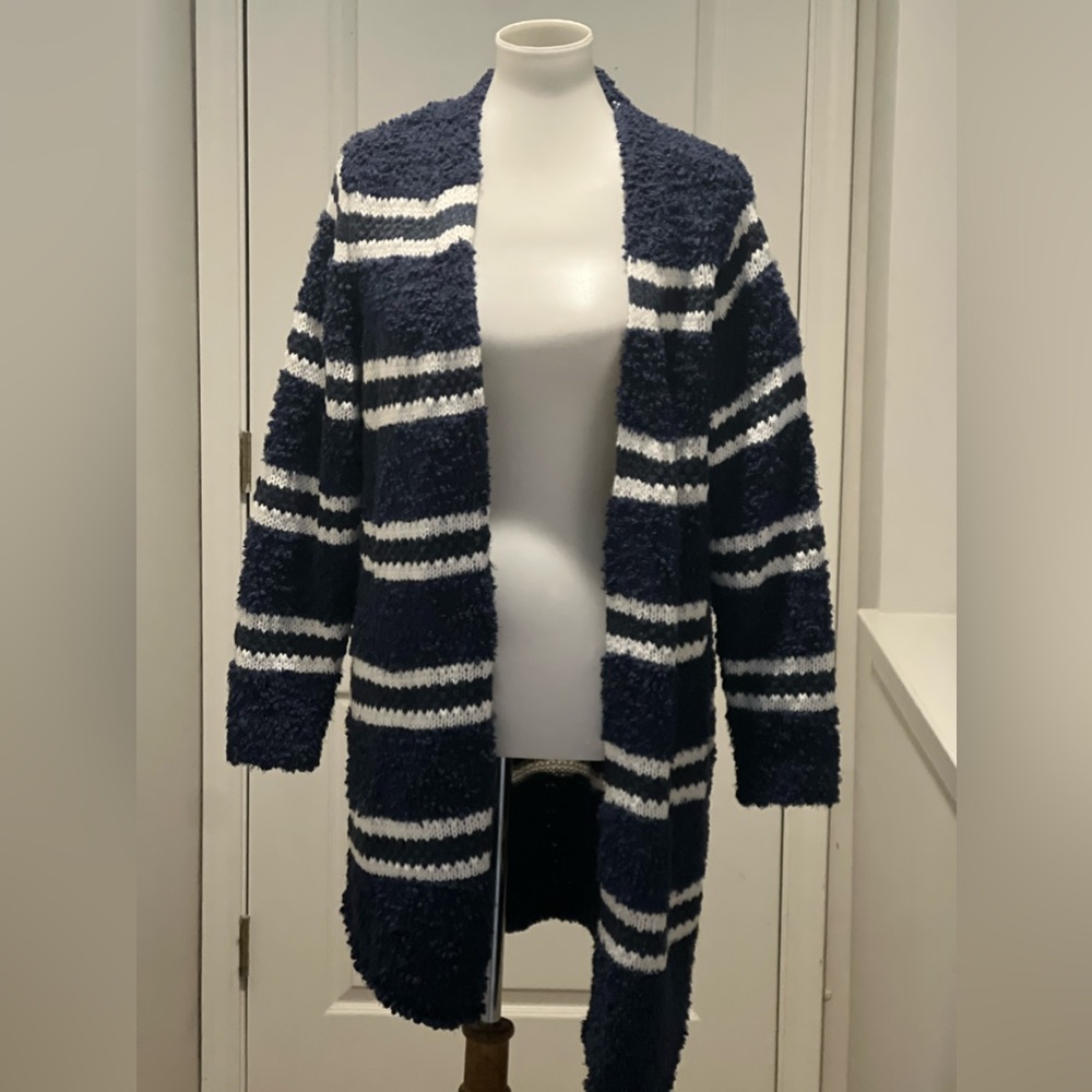 Molly & Isadora Long Chunky Cardigan Blue and White Plus Size 1X